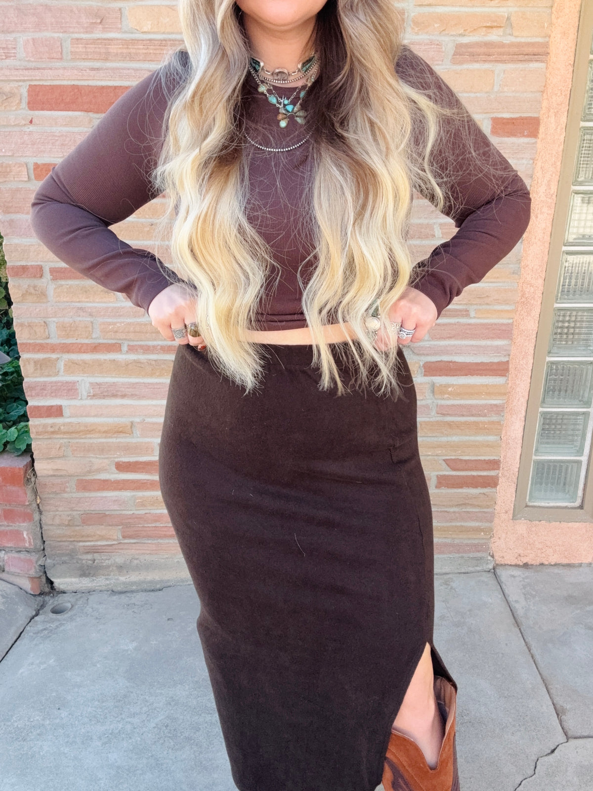 Brown Elastic Waist Brushed Knit Midi Skirt with Side Slit