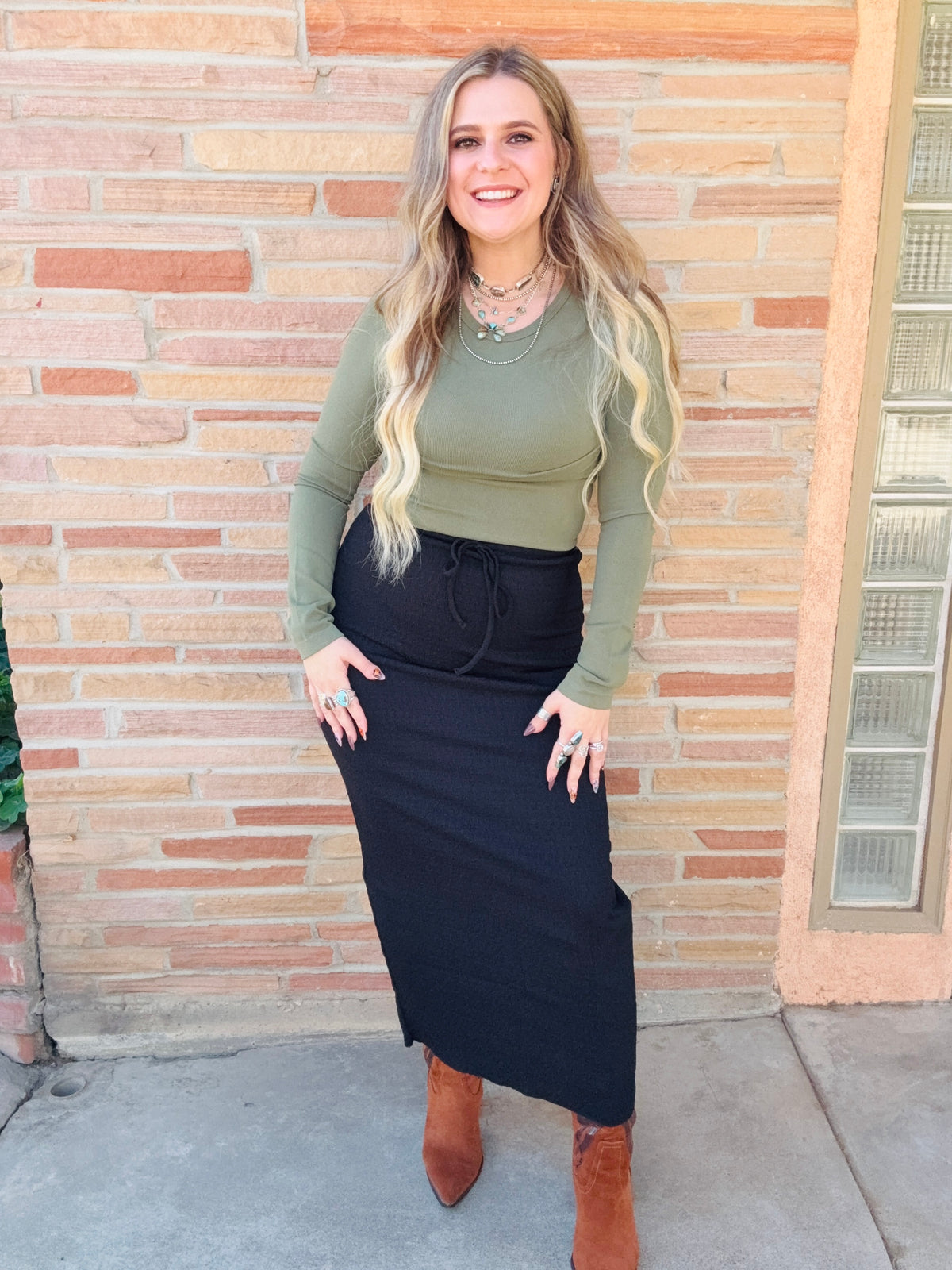 Black Adjustable Drawstring Texture Knit Long Skirt