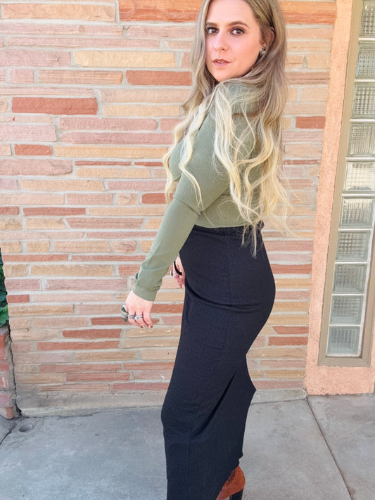 Black Adjustable Drawstring Texture Knit Long Skirt