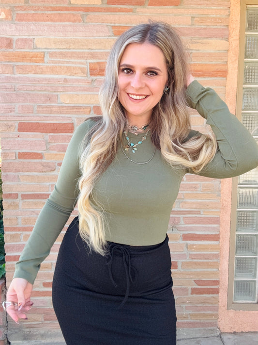 Olive Color Long Sleeve Crew Neck Rib Seamless Top