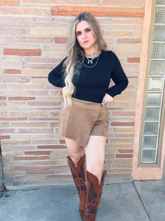 Tan Front Wrap Faux Suede Skort Pants