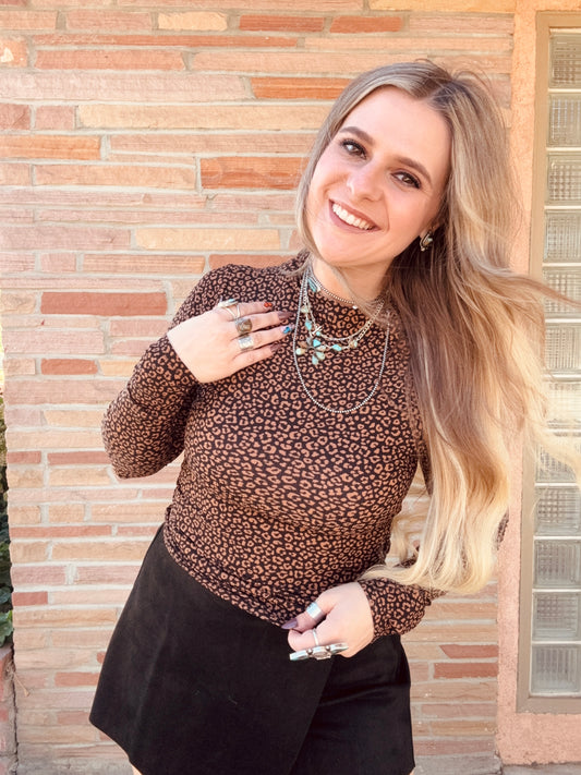 Long Sleeve High Neck Leopard Print Knit Top