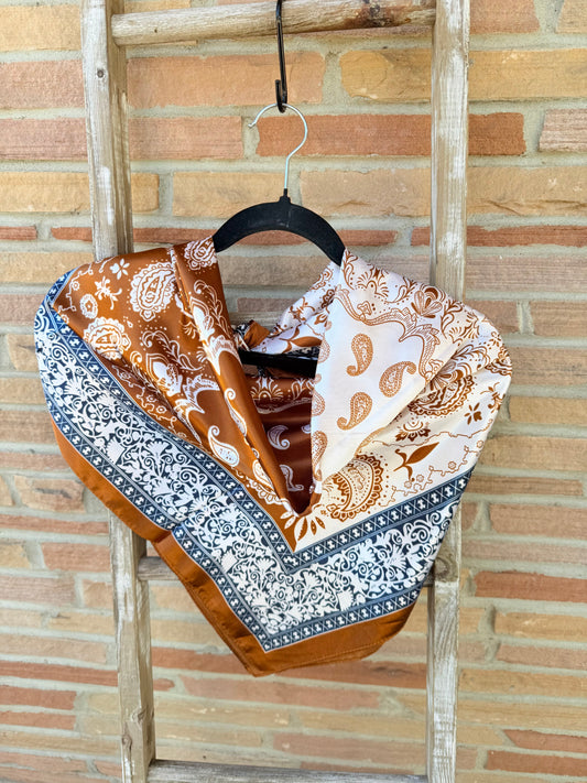 Navy Blue/Orange Paisley & Floral Print Wild Rag