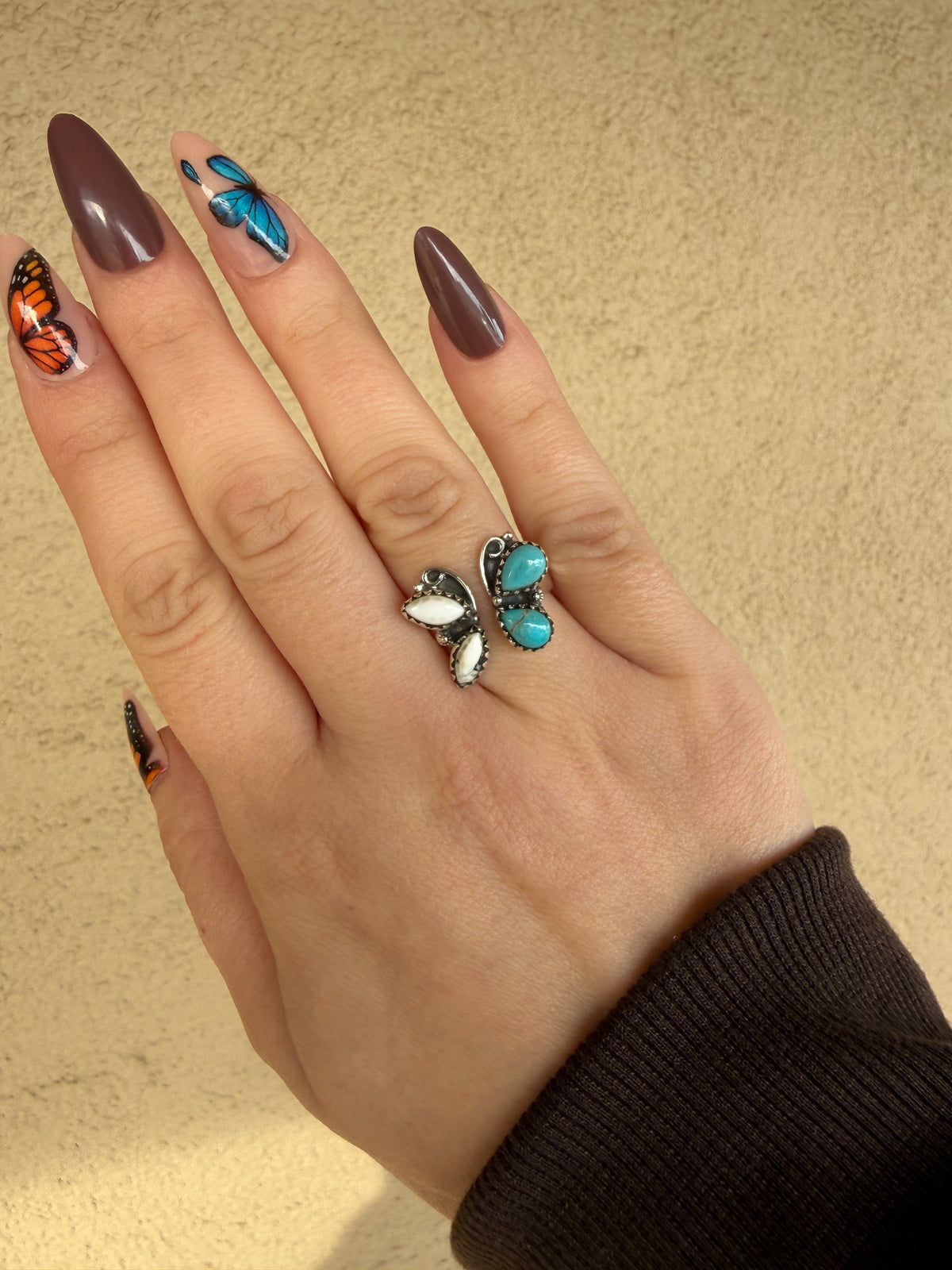 925 sterling silver butterfly kingman & white buffalo turquoise ring