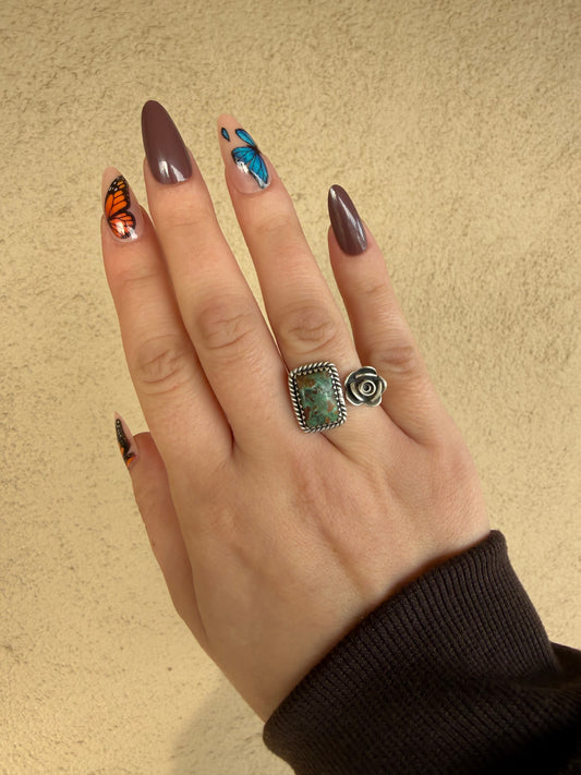 925 sterling silver cripple creek turquoise & rose ring