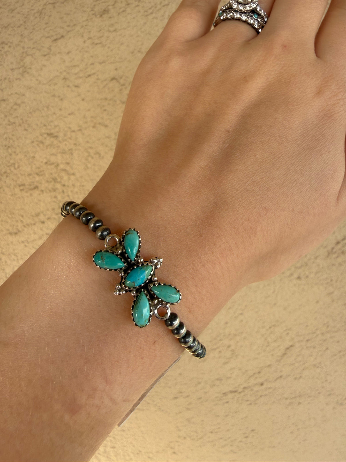 925 sterling silver mohave turquoise butterfly Navajo pearl stretchy bracelet