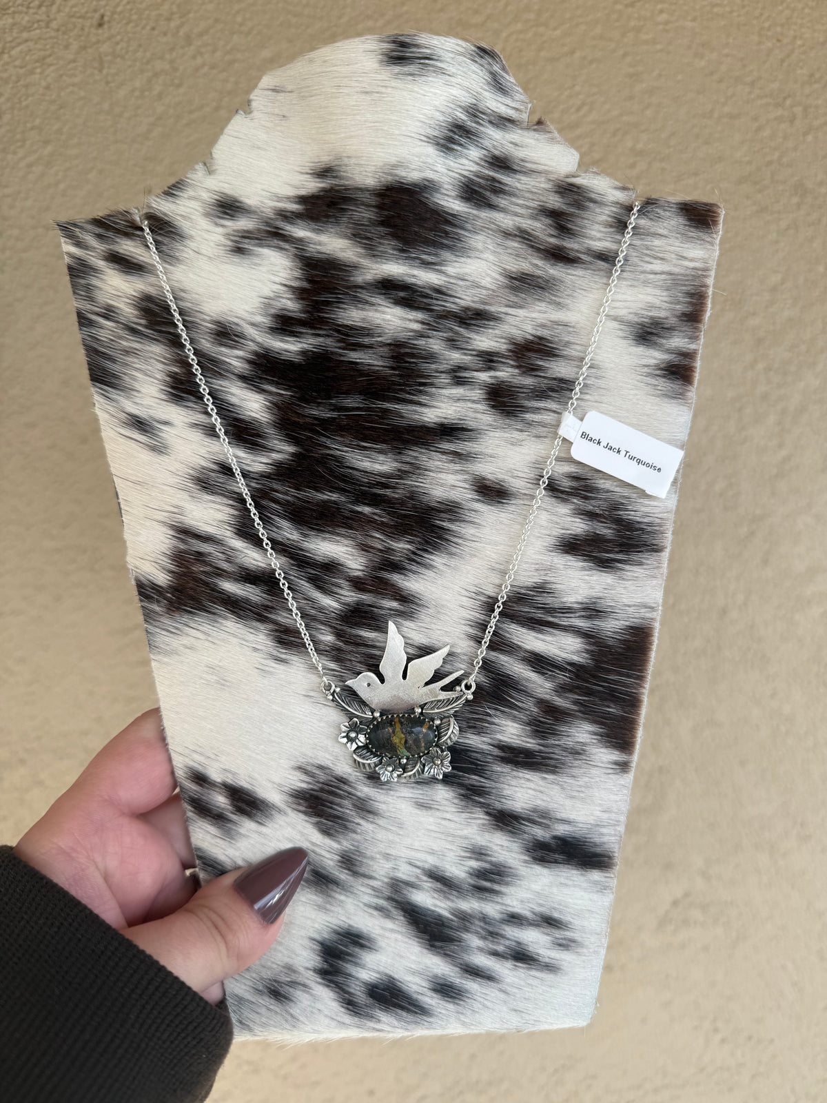 925 sterling silver black jack turquoise and bird necklace