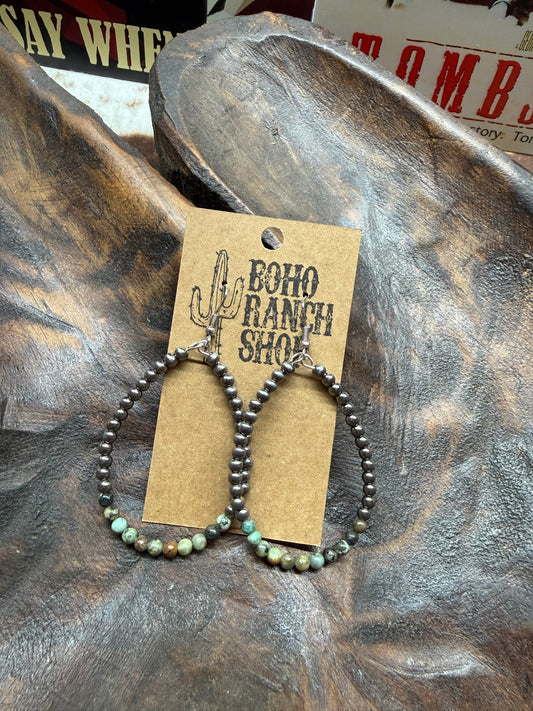 Faux Navajo Style Pearl Teardrop Hoop Dangle Earrings