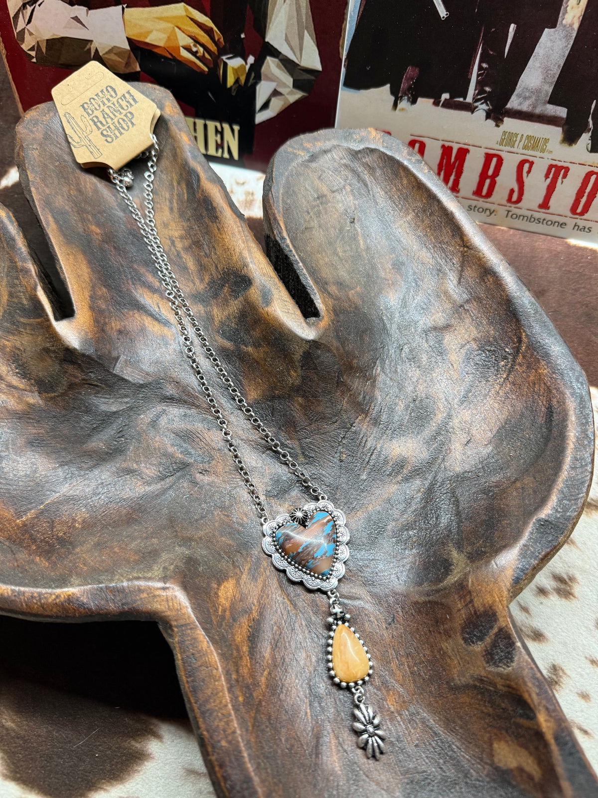 Faux Turquoise Stone Heart Drop Pendant Necklace