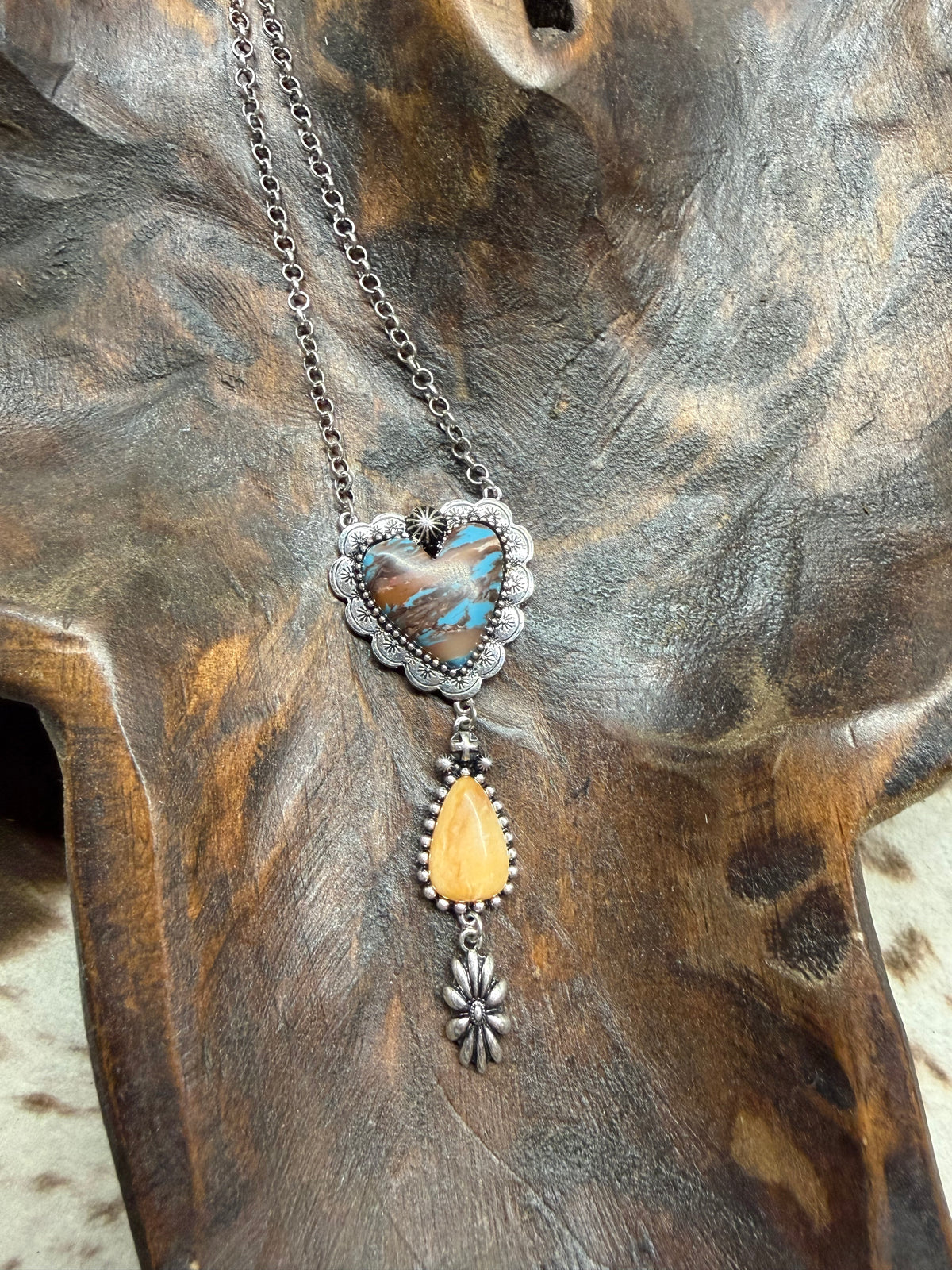 Faux Turquoise Stone Heart Drop Pendant Necklace