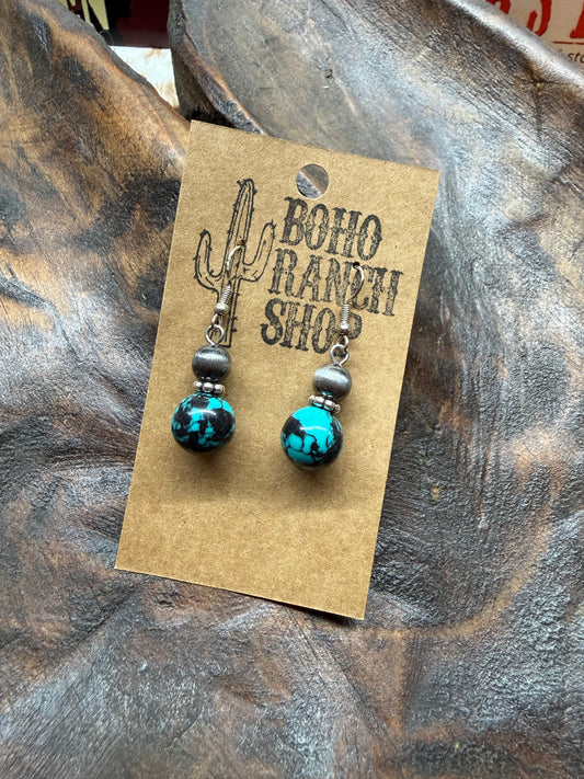 Faux Navajo Pearl & Faux Turquoise Stone Dangle Earrings