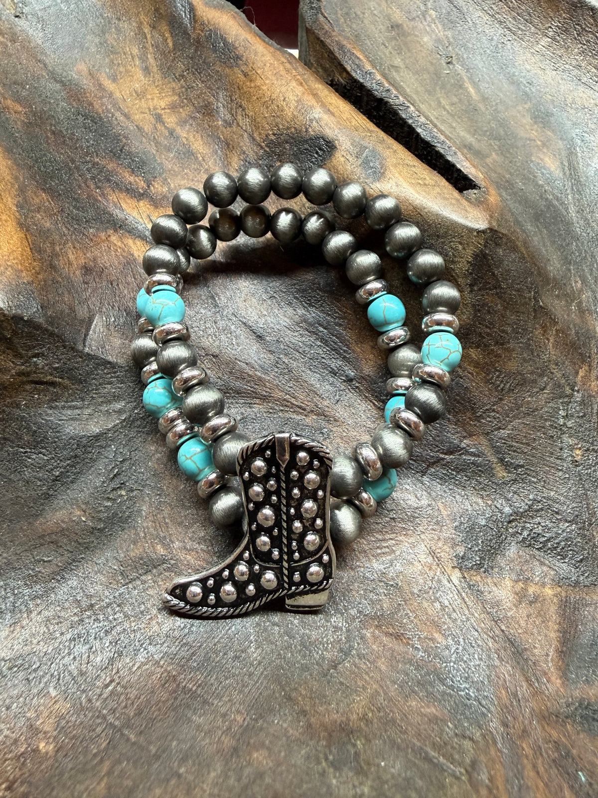 Cowboy Boot Pendant Faux Navajo Pearl Stretch Bracelet