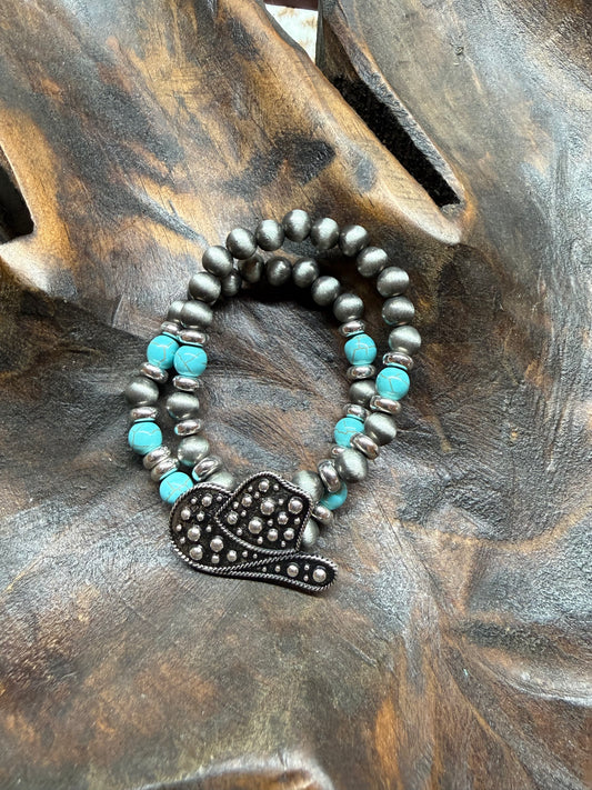 Cowboy Hat Pendant Faux Navajo Pearl Stretch Bracelet