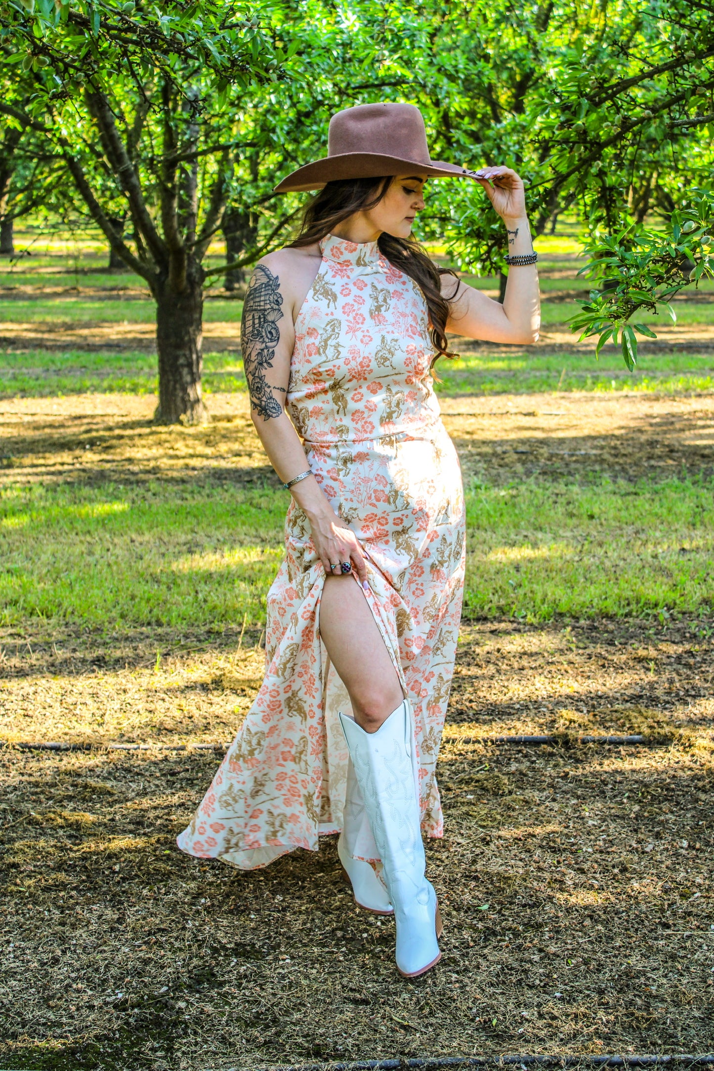 Floral Horse Printed Halter Neck Tie Dress