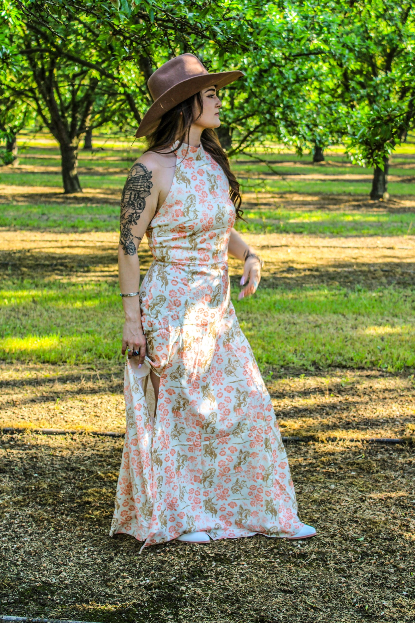 Floral Horse Printed Halter Neck Tie Dress