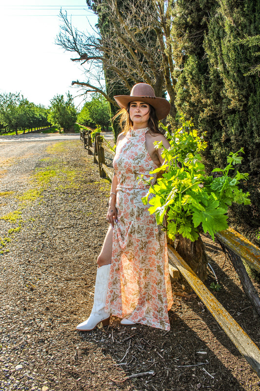 Floral Horse Printed Halter Neck Tie Dress