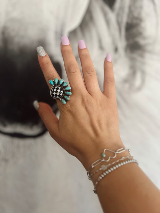 Turquoise Checkered Ring (Sterling Silver)