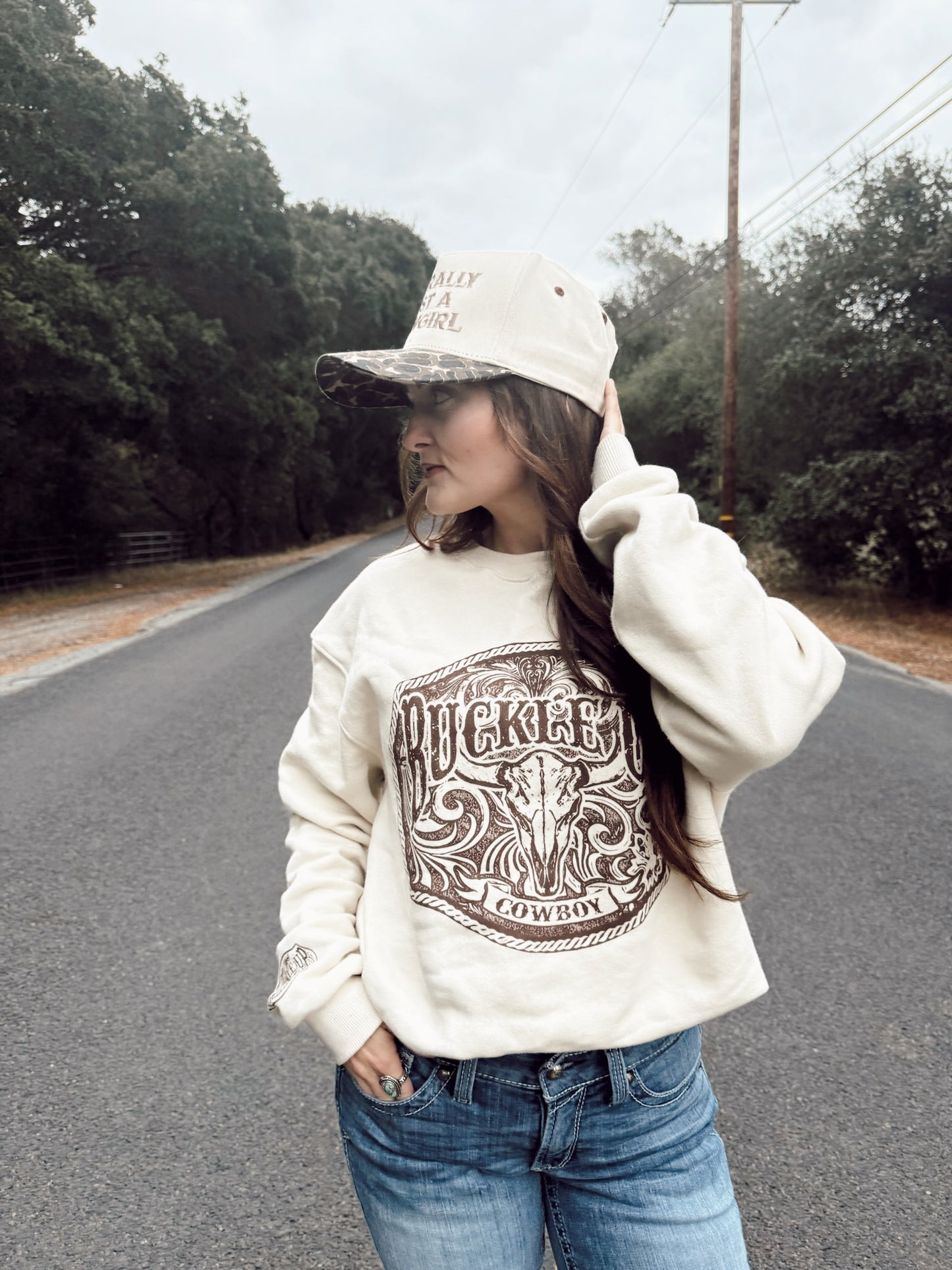 Buckle Up Cowboy Oat Colored Crewneck