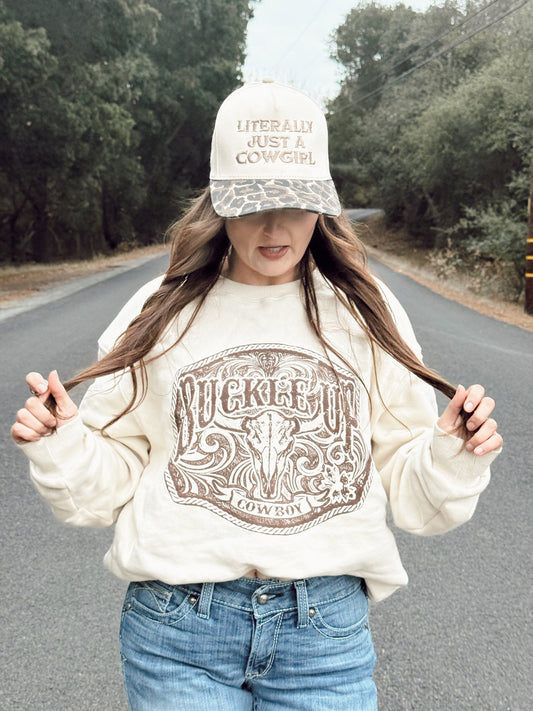 Buckle Up Cowboy Oat Colored Crewneck