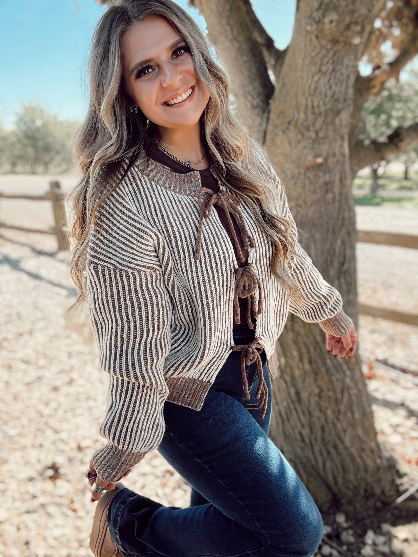 Front Tie Two Tone Knit Cardigan