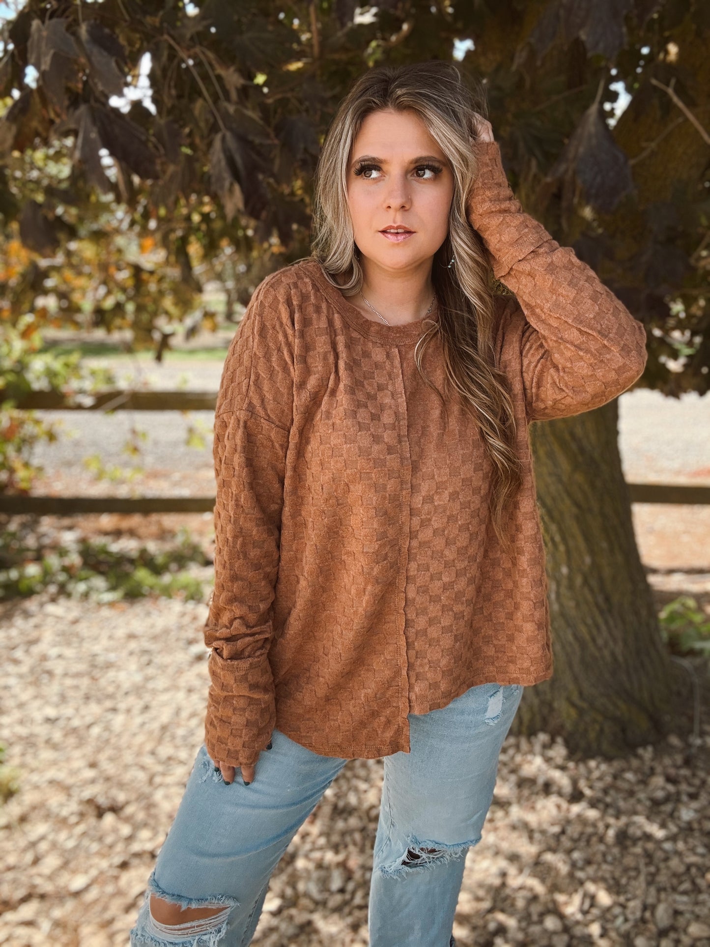 Soft Camel Checker Long Sleeve Top