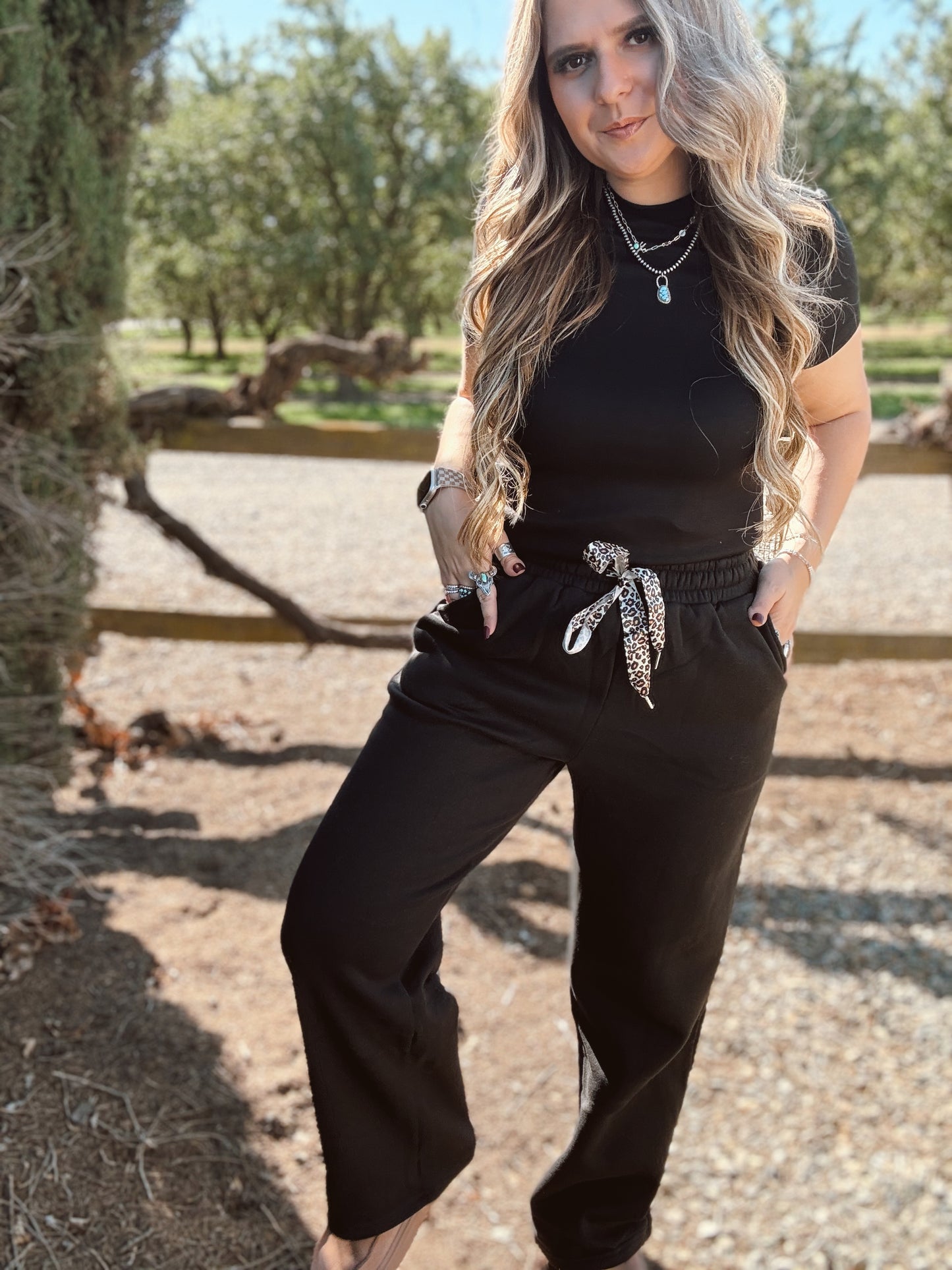 Fleece lined leopard drawstring sweatpants