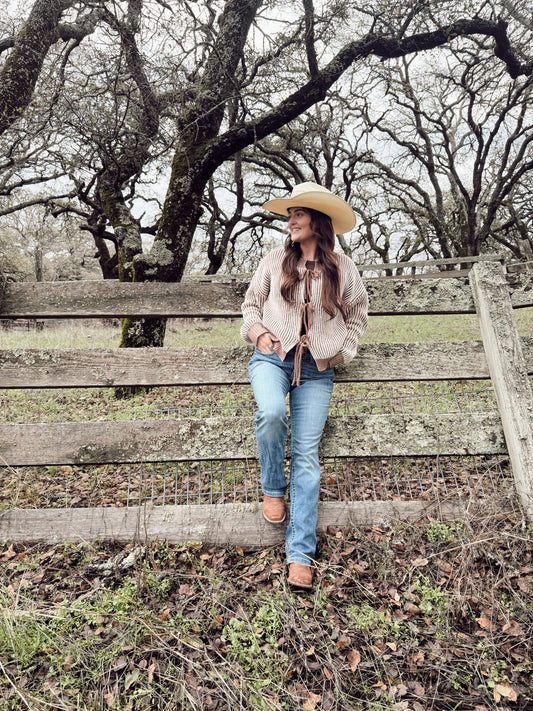 Front Tie Two Tone Knit Cardigan