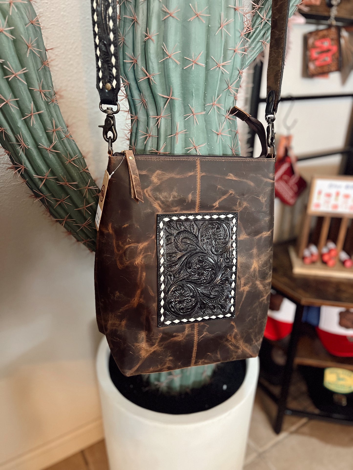 Black Rustic Leather & Tooled Floral Crossbody