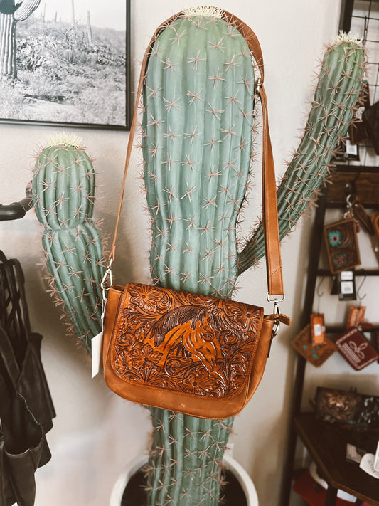 Tooled Leather Horse Handbag