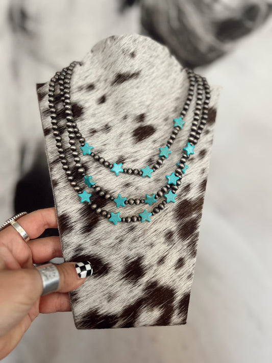 3 Layered Navajo Style Pearl with Star Stone Necklace