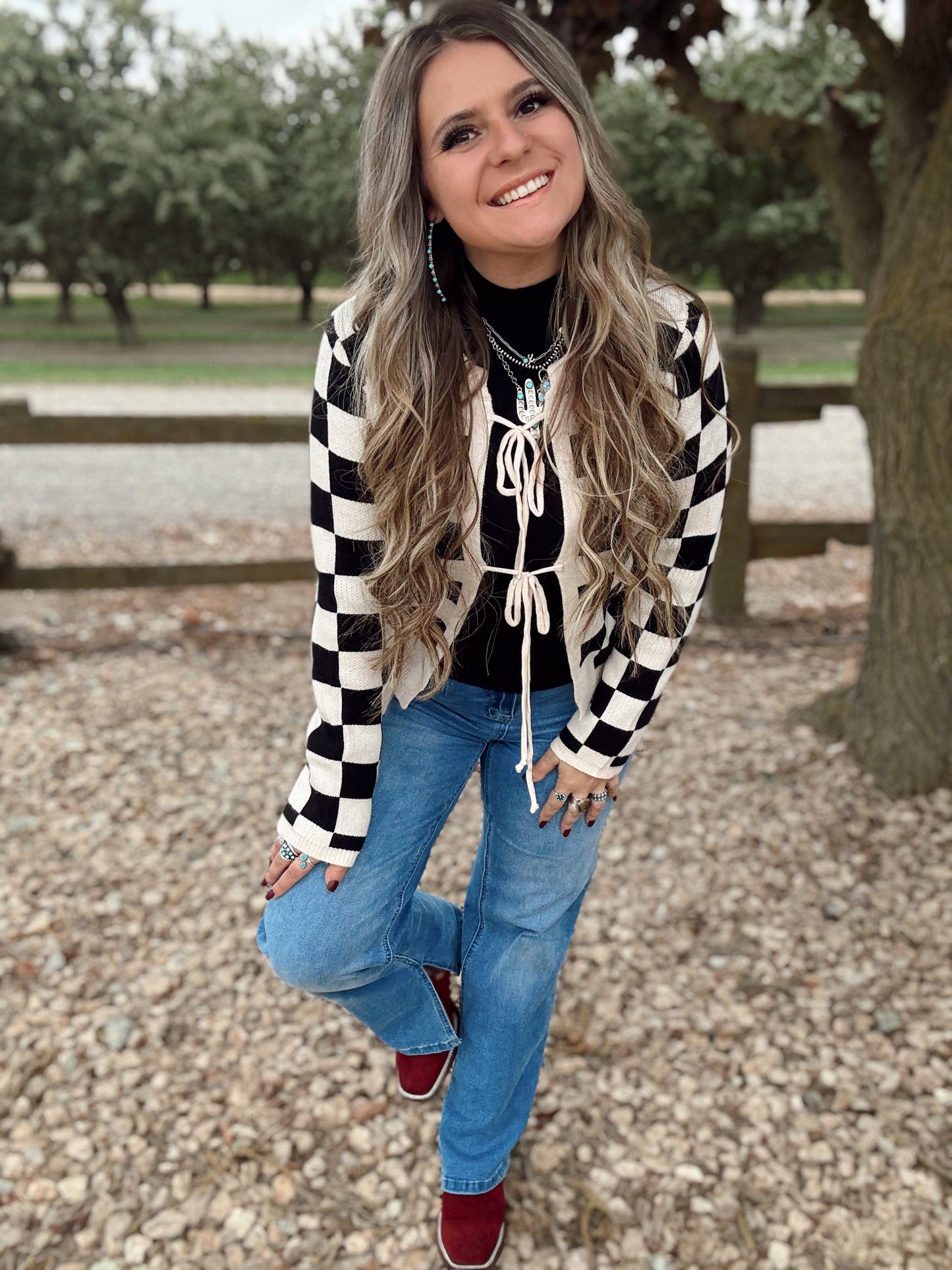 Tie Front Checkered Cardigan