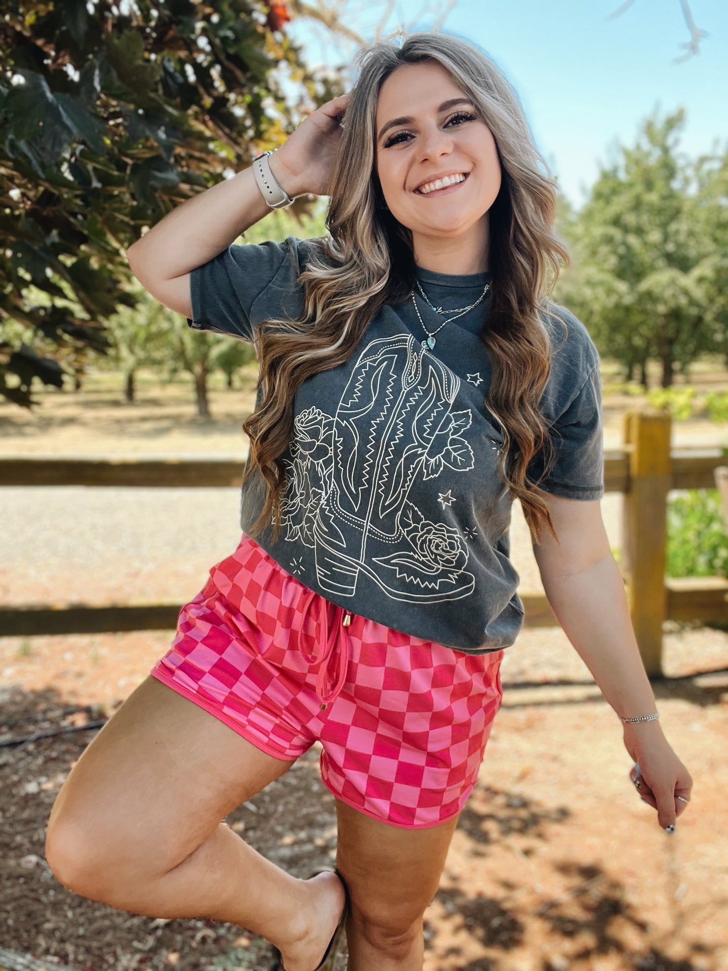 Pink Checkered Draw String Shorts