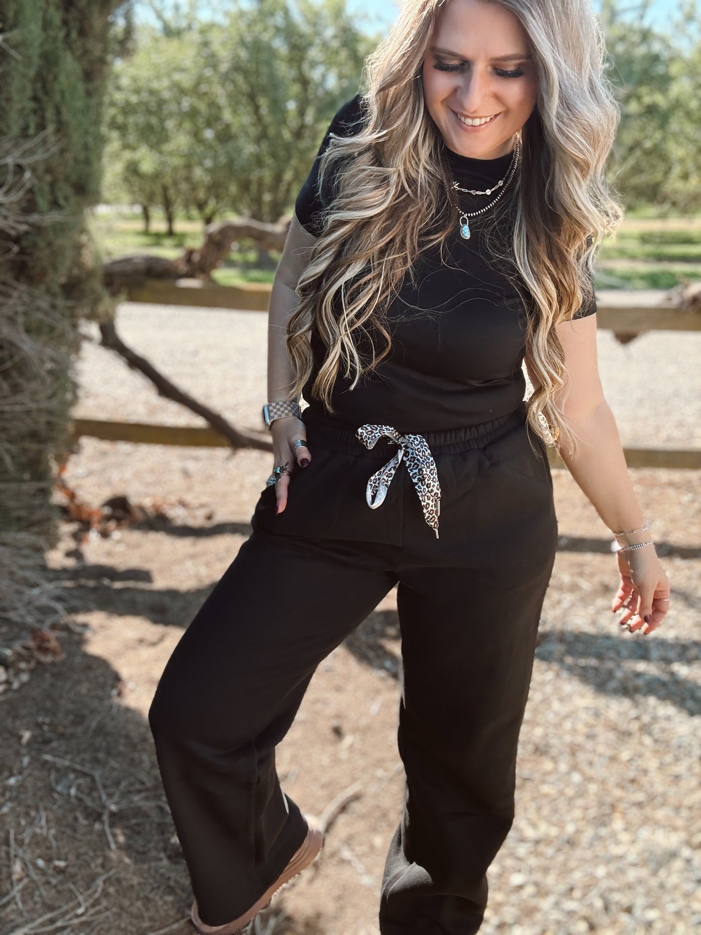 Fleece lined leopard drawstring sweatpants