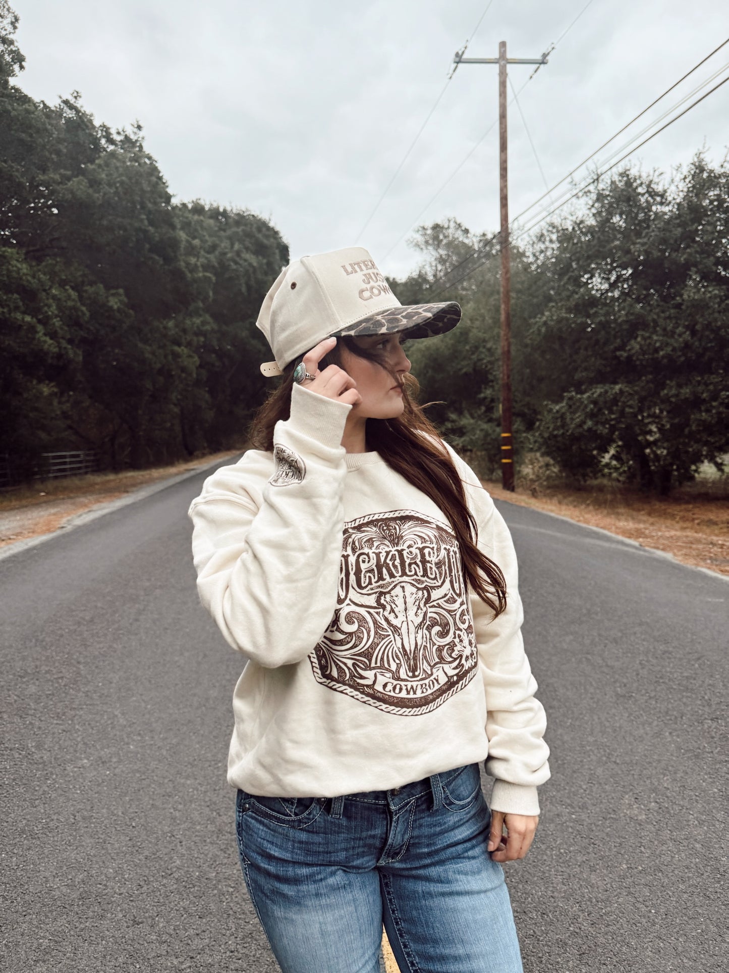 Buckle Up Cowboy Oat Colored Crewneck