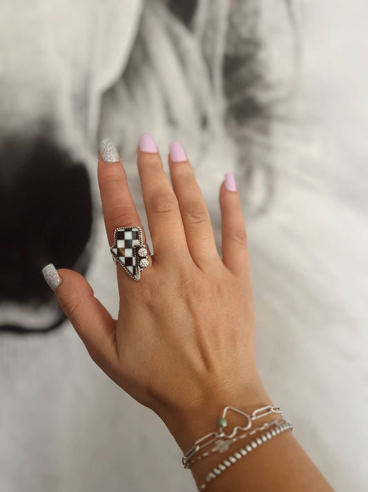Checkered Lightning Bolt Ring (Sterling Silver)
