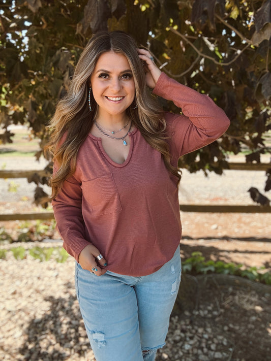 Marsala Thermal Round V Neck Long Sleeve