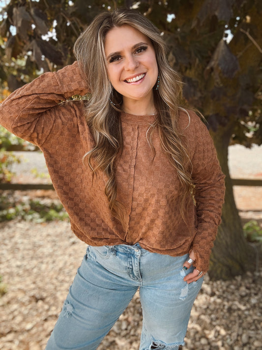 Soft Camel Checker Long Sleeve Top