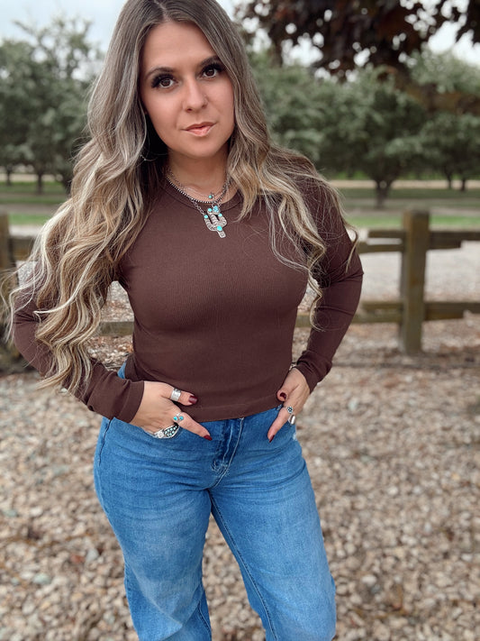 Brown Long Sleeve Crew Neck Rib Seamless Top *Slim Fit